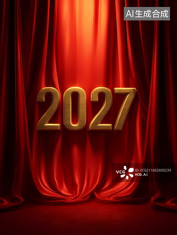 【AI数字艺术】红色舞台帷幕背景金色数字2027主视觉图片素材