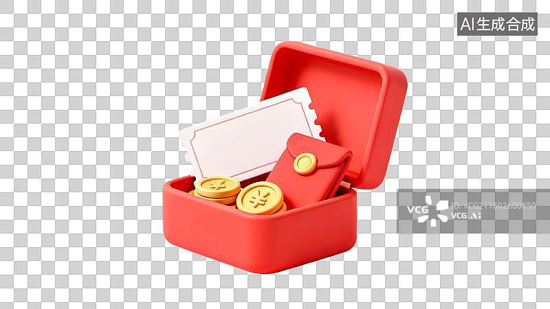 【AI数字艺术】红色礼盒装金币红包和空白的优惠券  喜庆钱盒金币红包优惠券  红色打开的礼盒金币红包优惠券促销背景图片素材
