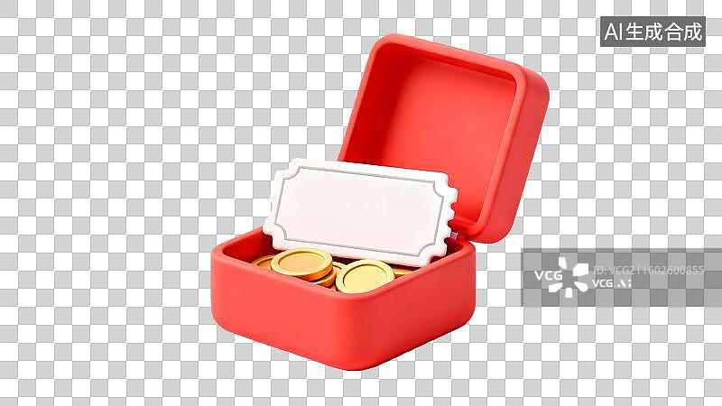 【AI数字艺术】红色礼盒装金币红包和空白的优惠券  喜庆钱盒金币红包优惠券  红色打开的礼盒金币红包优惠券促销背景图片素材