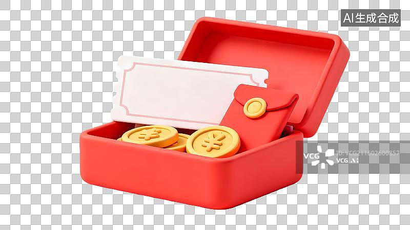 【AI数字艺术】红色礼盒装金币红包和空白的优惠券  喜庆钱盒金币红包优惠券  红色打开的礼盒金币红包优惠券促销背景图片素材