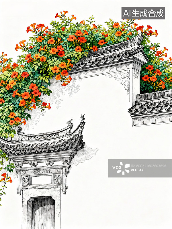 【AI数字艺术】古建飞檐白墙黛瓦凌霄花图片素材