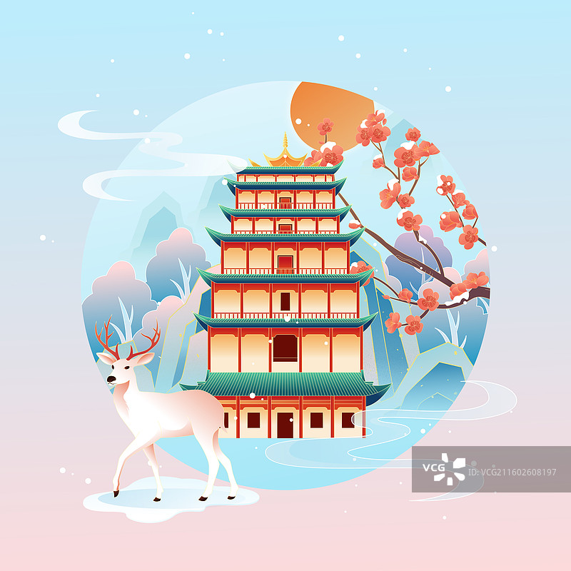 国风节气小雪敦煌城市建筑矢量插画图片素材