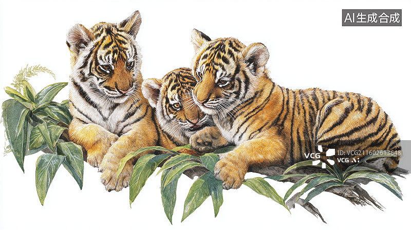 【AI数字艺术】三只老虎幼崽在绿叶旁休息图片素材