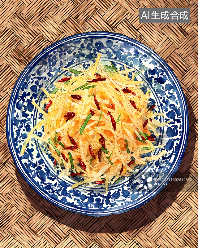 【AI数字艺术】中式土豆丝美食插图图片素材
