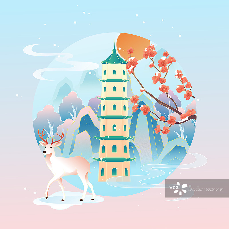 国风节气小雪温州城市建筑矢量插画图片素材