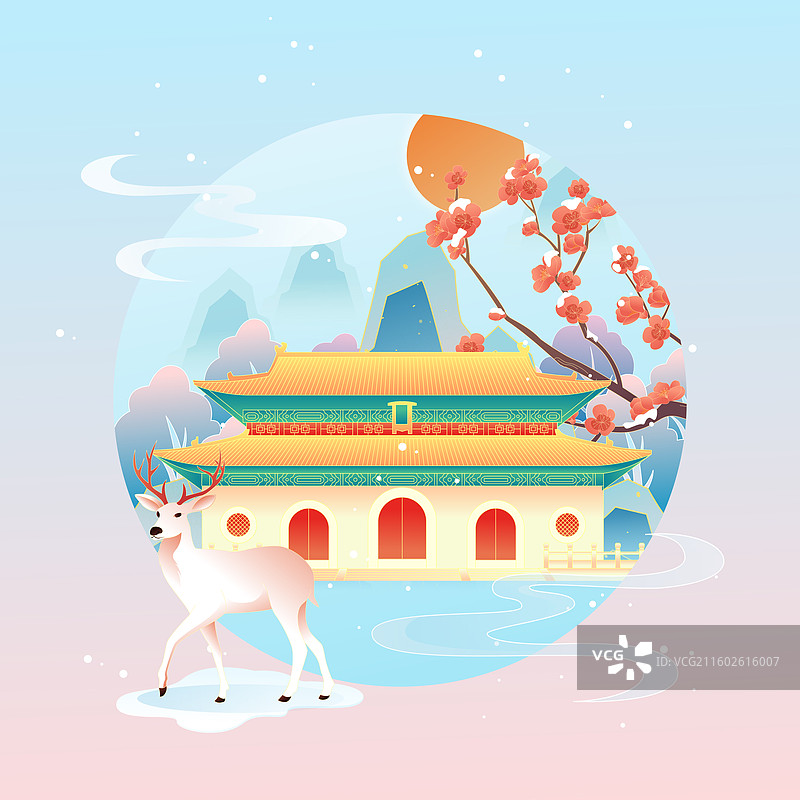 国风节气小雪长春城市建筑矢量插画图片素材