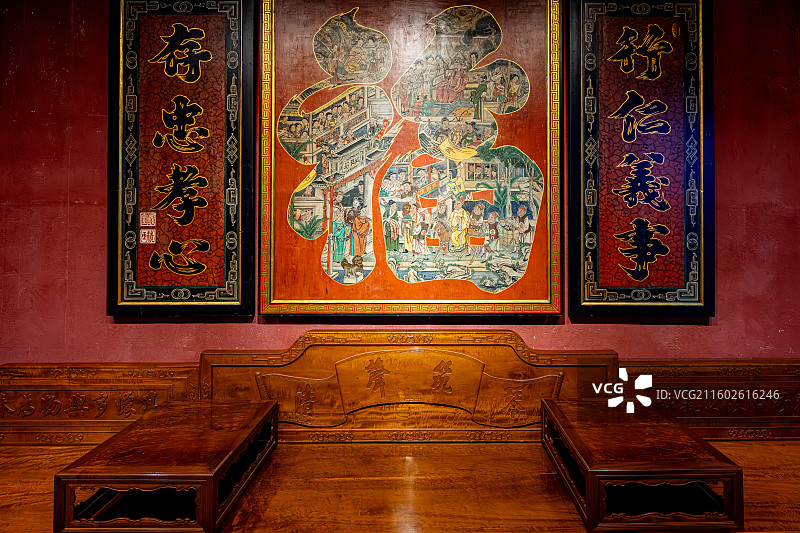 泰宁明清园 金丝楠长榻福字中堂挂屏 收藏明清时期大户人家关于福的宅院家具和木雕藏品 福建三明文化旅游图片素材