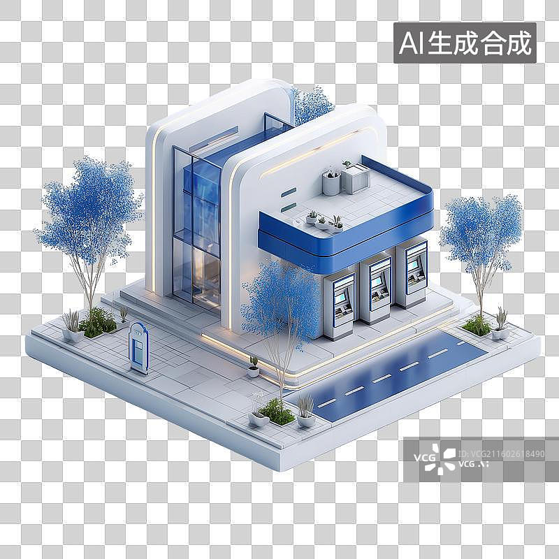 【AI数字艺术】等距银行建筑3D场景图片素材