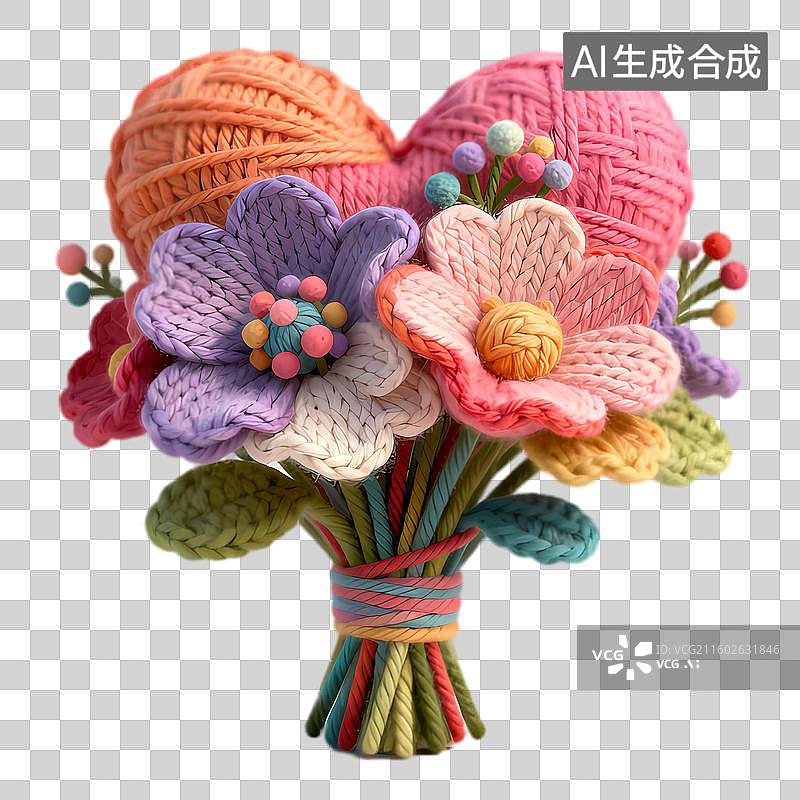 【AI数字艺术】色彩缤纷的钩针花束与心形纱线球图片素材