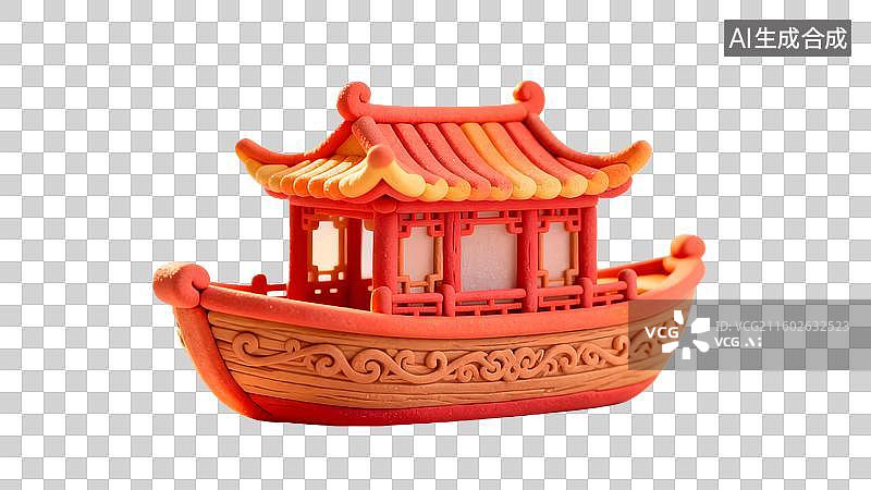 【AI数字艺术】卡通粘土风格的中国古建筑—舫 卡通中式建筑船舫图片素材
