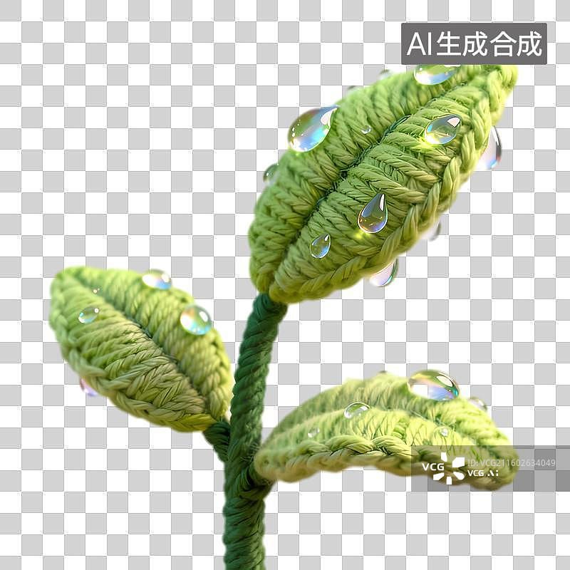 【AI数字艺术】钩织绿色植物带水珠图片素材