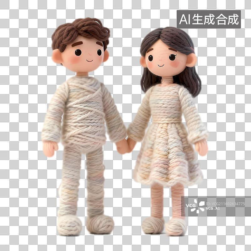 【AI数字艺术】可爱手工制作的男女牵手玩偶图片素材