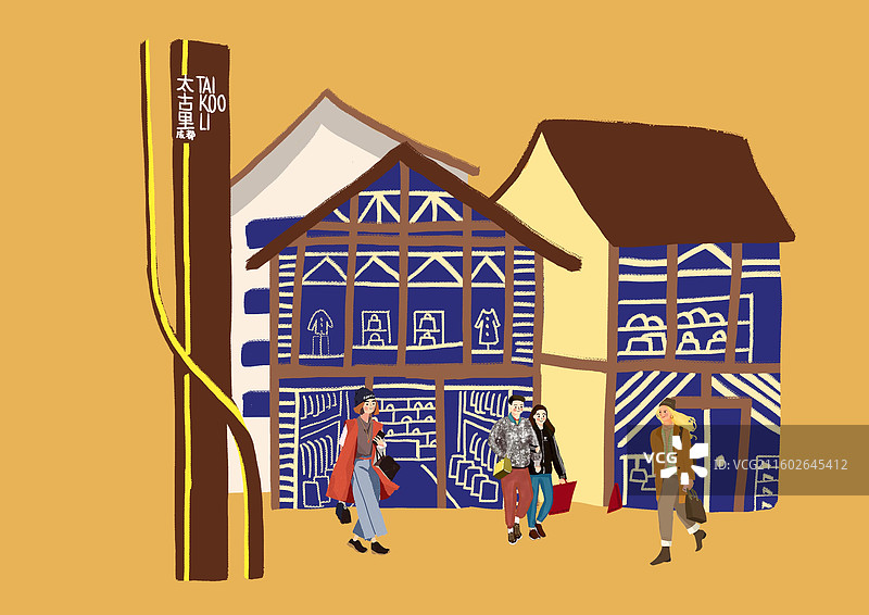 插画手绘风太古里（锦江）成都建筑现代风格商业区人群购物图片素材