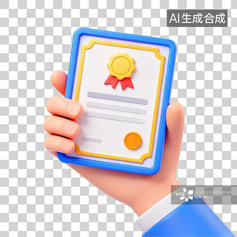 【AI数字艺术】卡通风格色彩鲜亮3D立体轻拟物手拿奖状插画图片素材