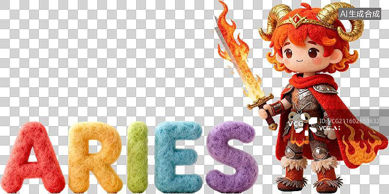 【AI数字艺术】白羊座 12星座火象拟人形象造型 3D卡通毛毡风格插画毛绒玩具人物盲盒手办创意设计 透明无背景图片素材