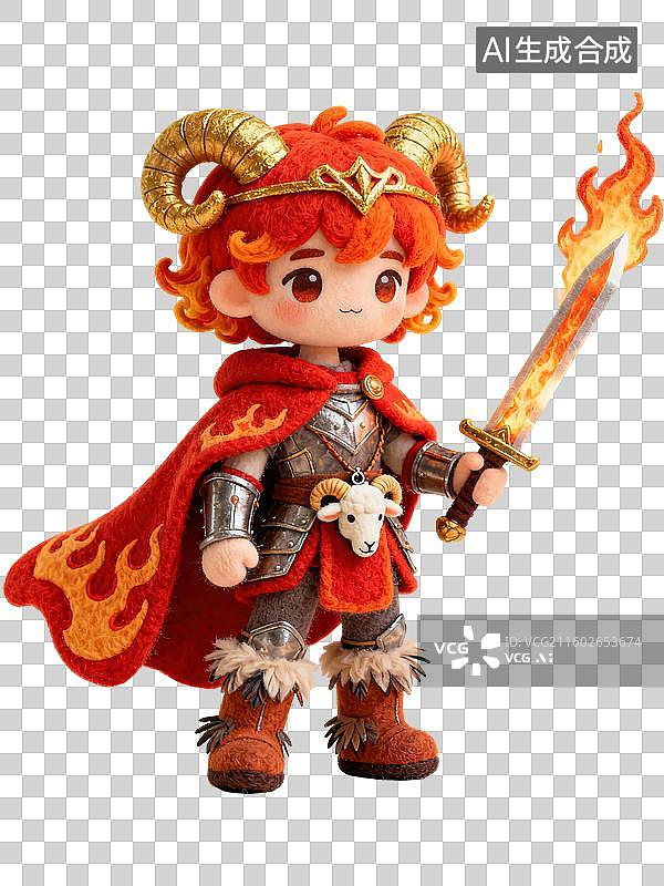 【AI数字艺术】白羊座 12星座火象拟人形象造型 3D卡通毛毡风格插画毛绒玩具人物盲盒手办创意设计 透明无背景图片素材