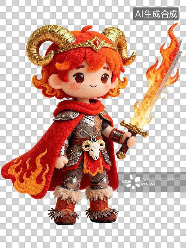 【AI数字艺术】白羊座 12星座火象拟人形象造型 3D卡通毛毡风格插画毛绒玩具人物盲盒手办创意设计 透明无背景图片素材