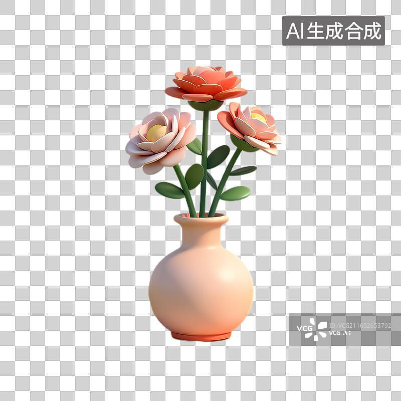 【AI数字艺术】浅粉色花瓶中的三朵花图片素材