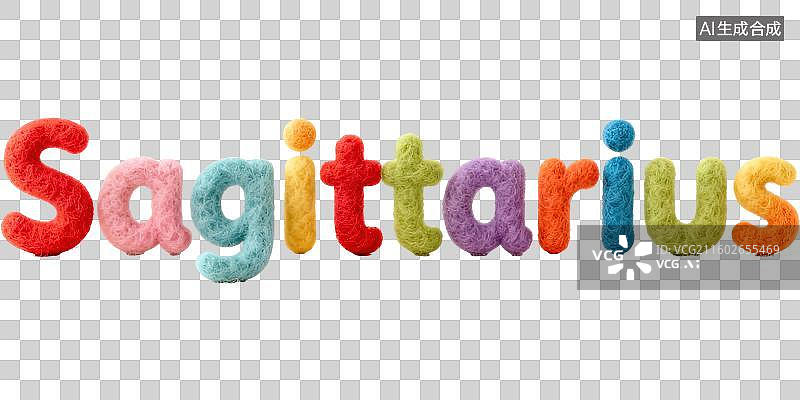 【AI数字艺术】射手座 12星座火象星座英文单词字母拼写 3D卡通立体手工针织毛毡风格插画毛绒玩具创意设计透明无背景图片素材
