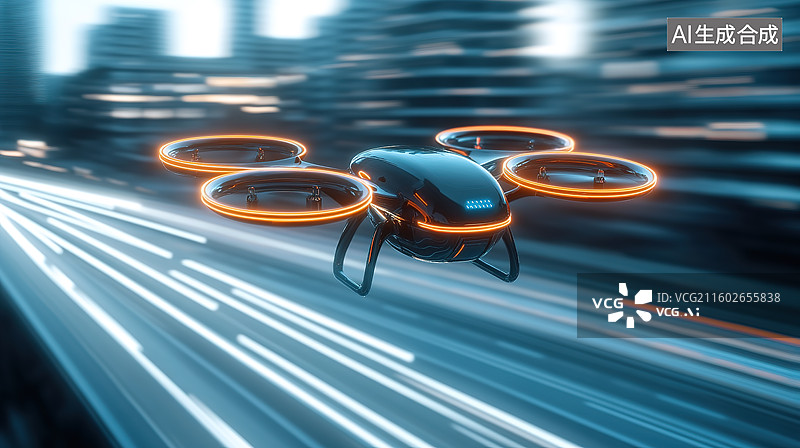 【AI数字艺术】城市中穿行的穿越机无人机科技主题场景和低空经济概念图片素材