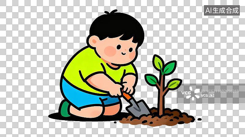 【AI数字艺术】小男孩在户外种植小树图片素材