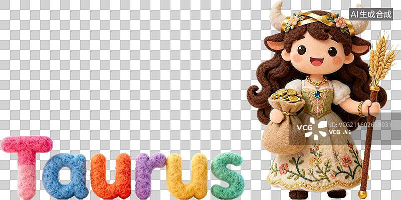 【AI数字艺术】金牛座 12星座土象星座英文单词字母拼写 3D卡通立体手工针织毛毡风格插画毛绒玩具创意设计透明无背景图片素材