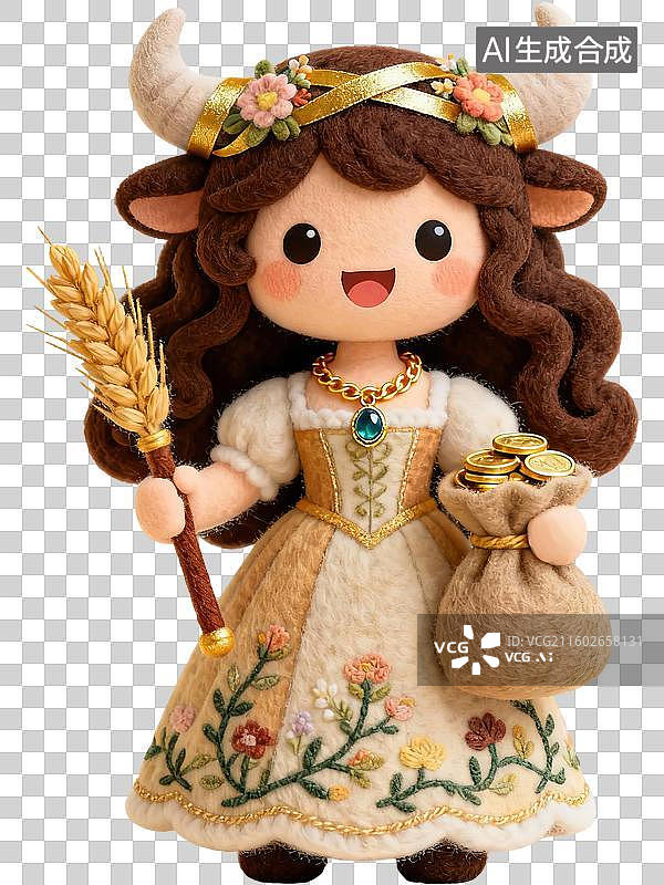 【AI数字艺术】金牛座 12星座土象星座英文单词字母拼写 3D卡通立体手工针织毛毡风格插画毛绒玩具创意设计透明无背景图片素材