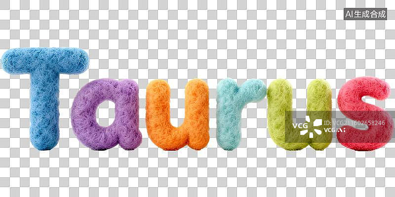 【AI数字艺术】金牛座 12星座土象星座英文单词字母拼写 3D卡通立体手工针织毛毡风格插画毛绒玩具创意设计透明无背景图片素材