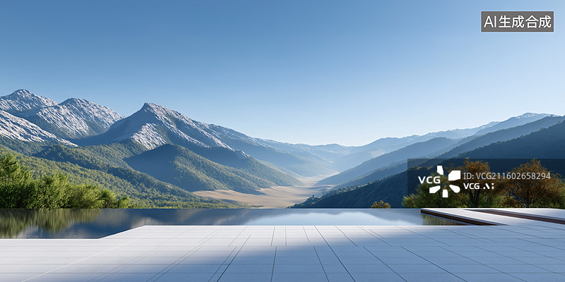 【AI数字艺术】壮丽山景前的现代无边泳池图片素材