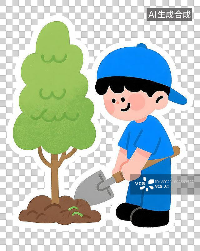 【AI数字艺术】AIGC:植树节小男孩种树，贴纸插图插画，设计元素，免抠图形图片素材