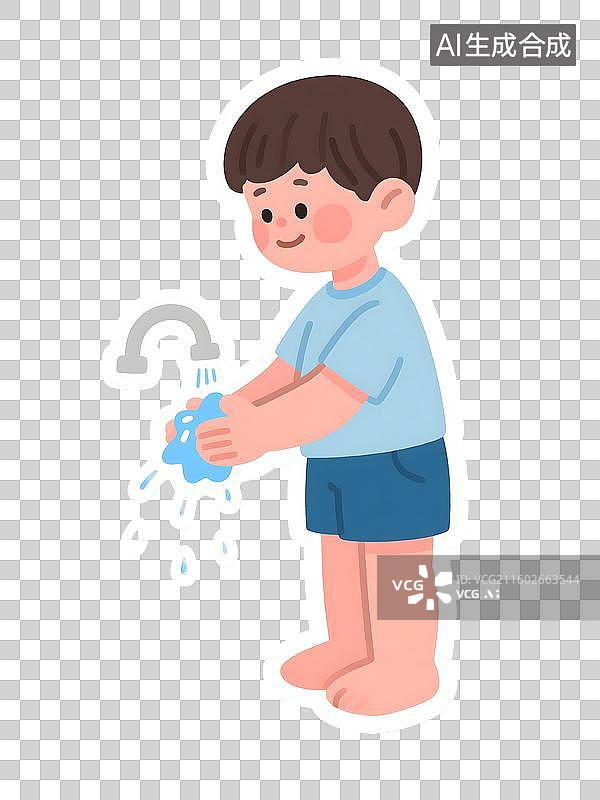 【AI数字艺术】AIGC：小男孩认真洗手贴纸，插图插画，免抠图形，设计元素图片素材