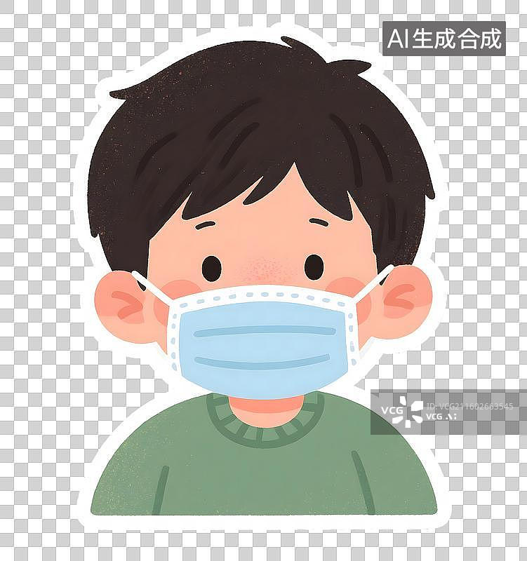 【AI数字艺术】AIGC：戴口罩的小男孩贴纸，流感，感冒，插图插画，设计元素，免抠图形图片素材