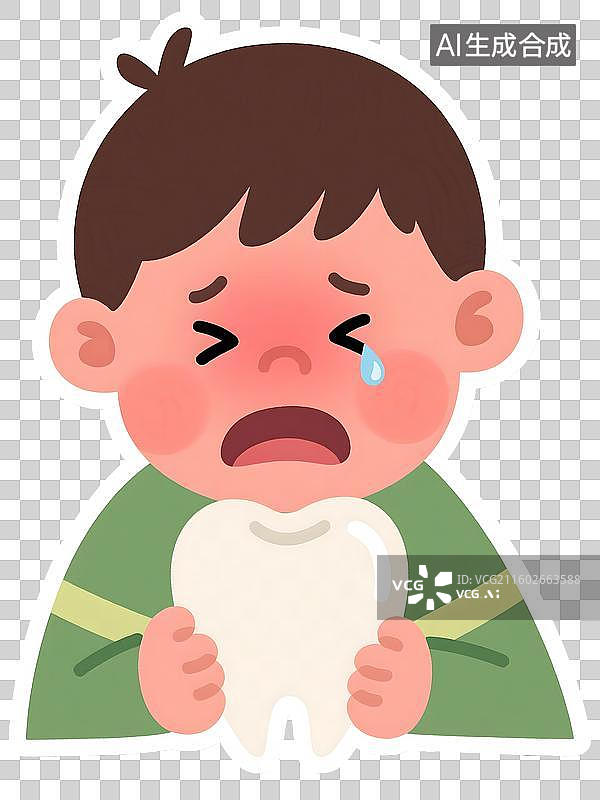 【AI数字艺术】AIGC：男孩抱着牙齿哭泣的贴纸，换牙，口腔健康，牙疼，插图歘，设计元素，免抠图形图片素材
