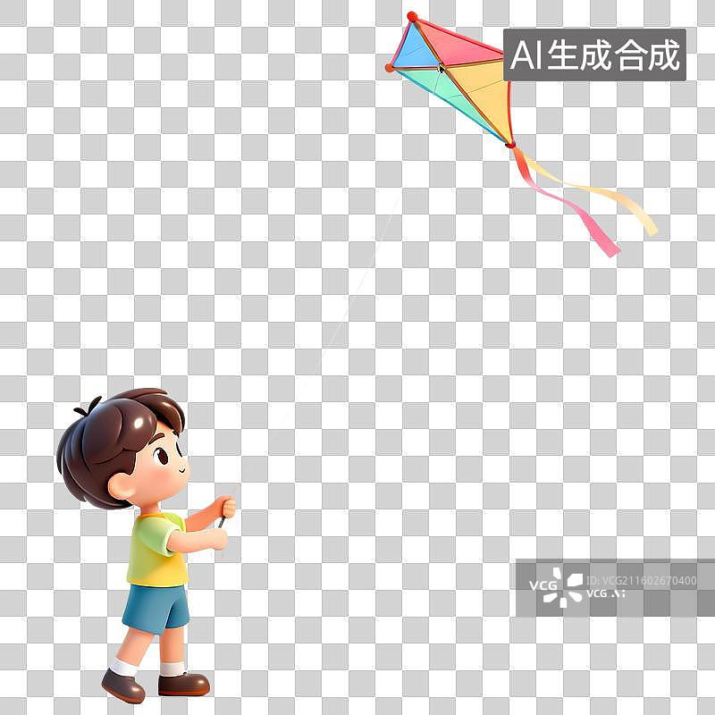 【AI数字艺术】男孩放风筝3D立体卡通立体拟物光滑质感插画元素图片素材
