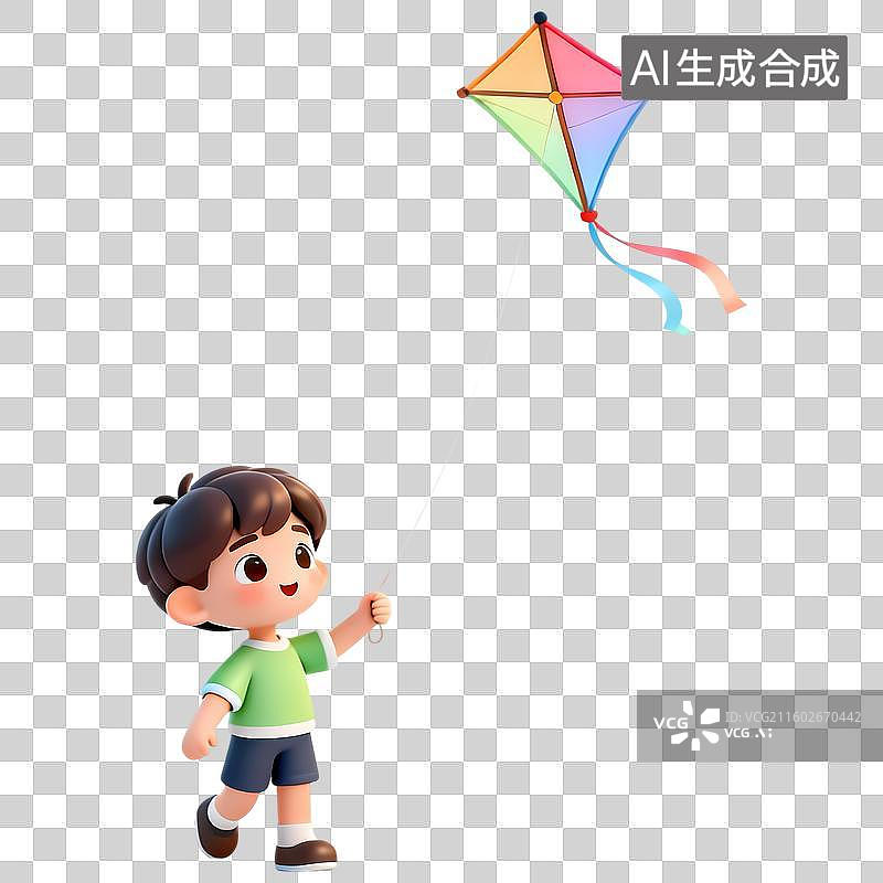 【AI数字艺术】男孩放风筝3D立体卡通立体拟物光滑质感插画元素图片素材