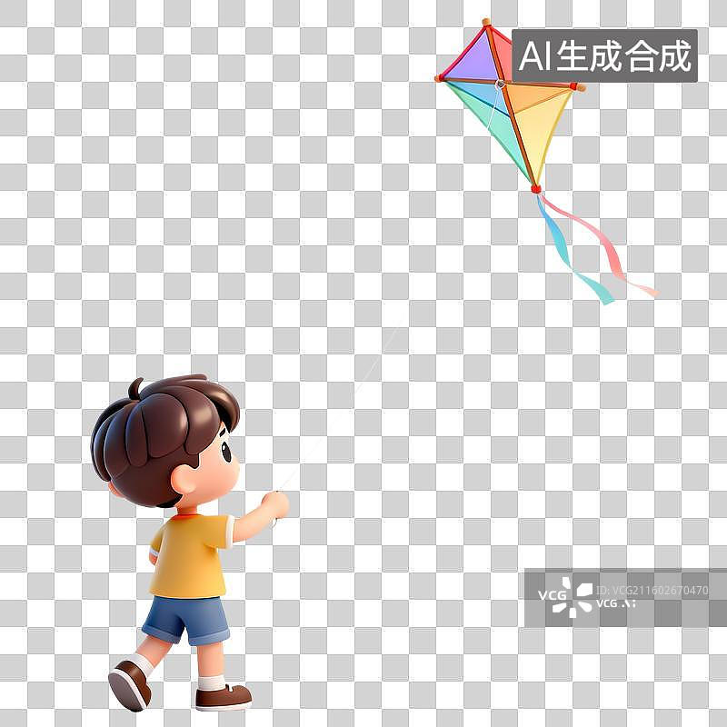 【AI数字艺术】男孩放风筝3D立体卡通立体拟物光滑质感插画元素图片素材
