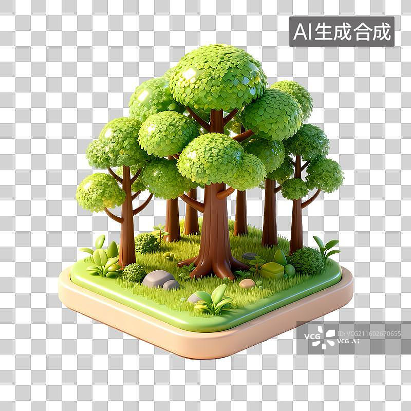 【AI数字艺术】树林3D立体卡通立体拟物光滑质感插画元素图片素材