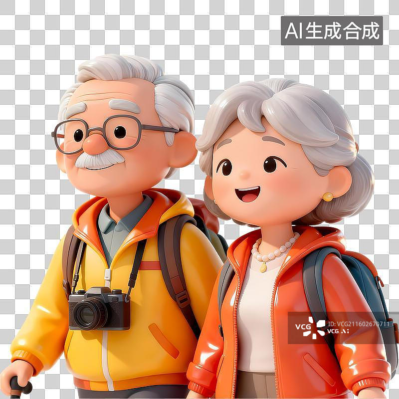 【AI数字艺术】老年夫妻旅行3D立体卡通立体拟物光滑质感插画元素图片素材