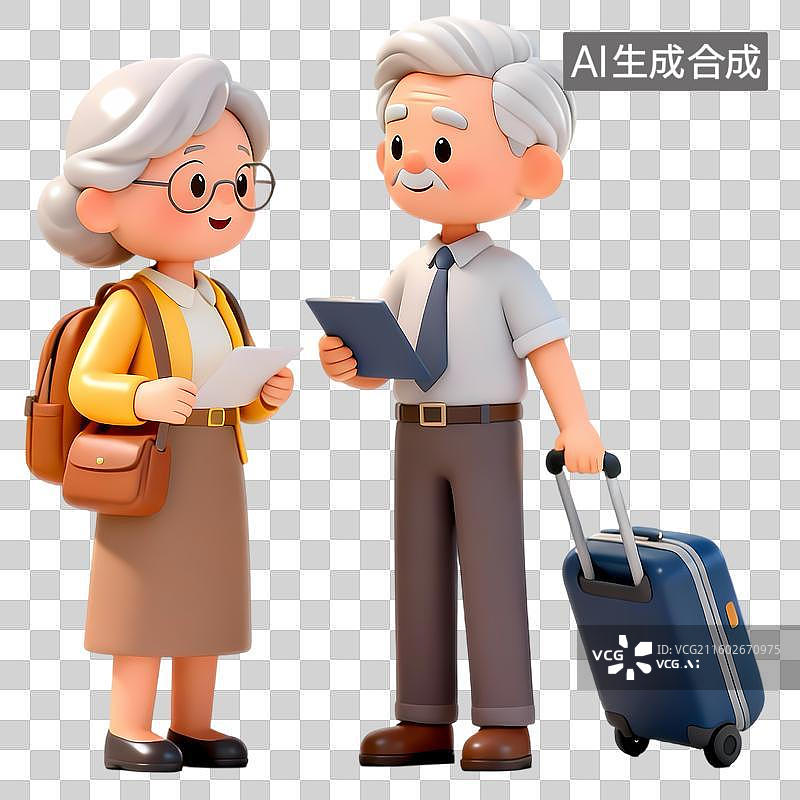 【AI数字艺术】老年夫妻旅行3D立体卡通立体拟物光滑质感插画元素图片素材