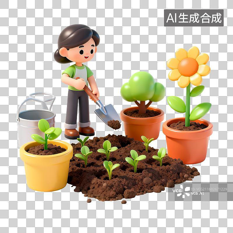 【AI数字艺术】播种场景3D立体卡通立体拟物光滑质感插画元素图片素材