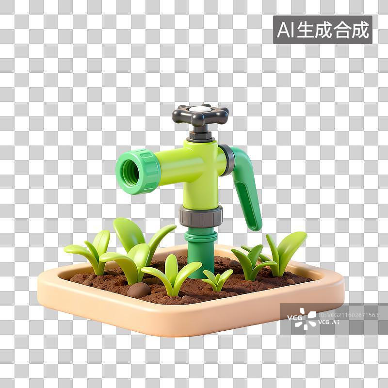 【AI数字艺术】浇水灌溉机器3D立体卡通立体拟物光滑质感插画元素图片素材