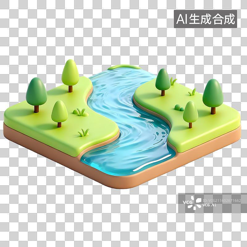 【AI数字艺术】河流绿地3D立体卡通立体拟物光滑质感插画元素图片素材