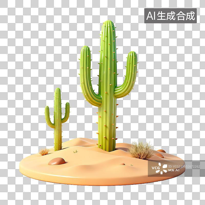 【AI数字艺术】沙漠仙人掌3D立体卡通立体拟物光滑质感插画元素图片素材