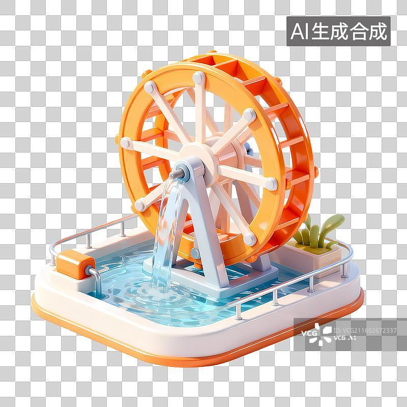 【AI数字艺术】水车3D立体卡通立体拟物光滑质感插画元素图片素材