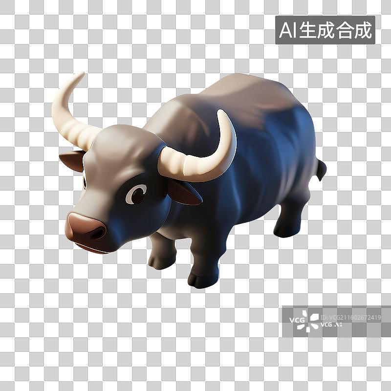 【AI数字艺术】黑色水牛3D立体卡通立体拟物光滑质感插画元素图片素材