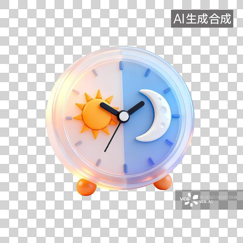 【AI数字艺术】时钟昼夜平分3D立体卡通立体拟物光滑质感插画元素图片素材