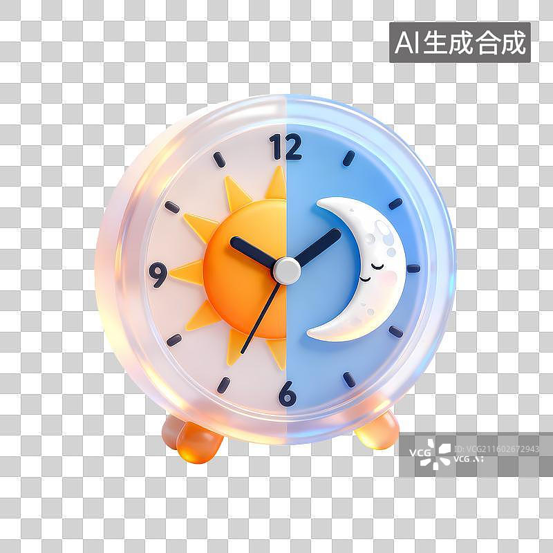 【AI数字艺术】时钟昼夜平分3D立体卡通立体拟物光滑质感插画元素图片素材