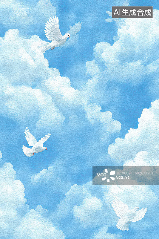 【AI数字艺术】蓝天白云白鸽飞翔自然和平图图片素材