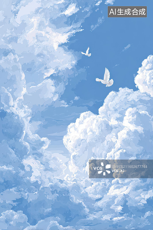 【AI数字艺术】蓝天白云白鸽飞翔自然和平图图片素材