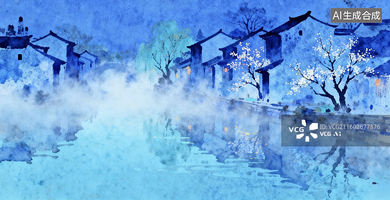 【AI数字艺术】水墨江南水乡晨雾图片素材